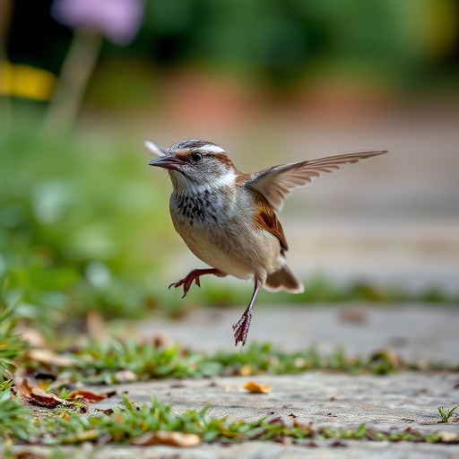House sparrow hopping on garden path