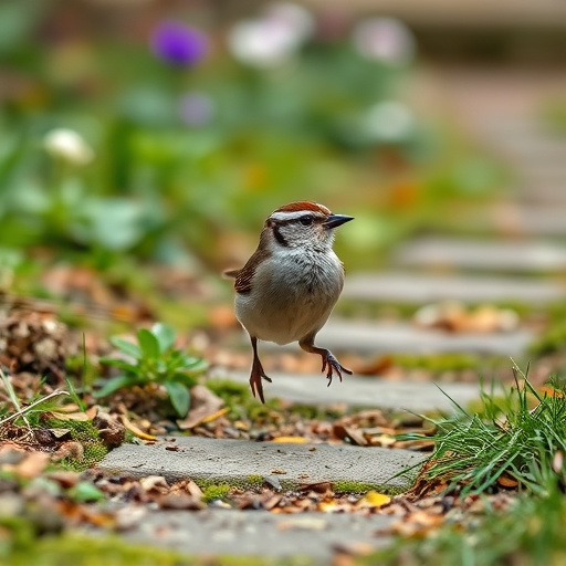 House sparrow hopping on garden path