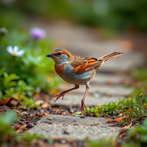 House sparrow hopping on garden path