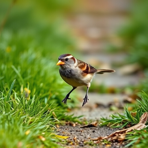 House sparrow hopping on garden path