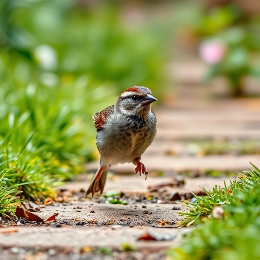 House sparrow hopping on garden path