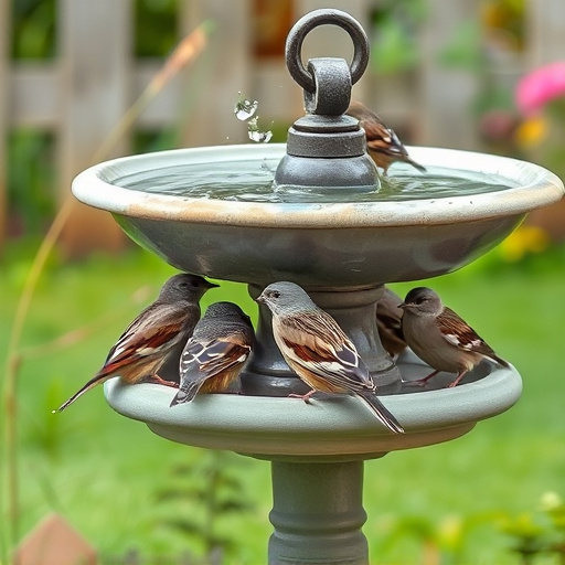 House sparrows gathered near bird bath