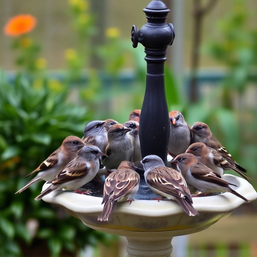 House sparrows gathered near bird bath