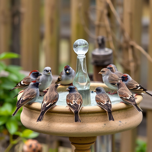 House sparrows gathered near bird bath