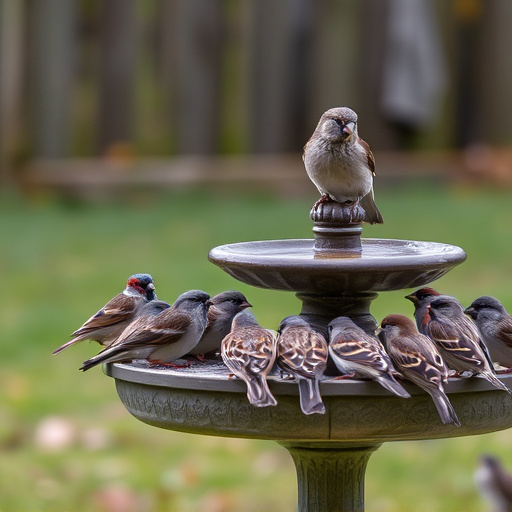House sparrows gathered near bird bath