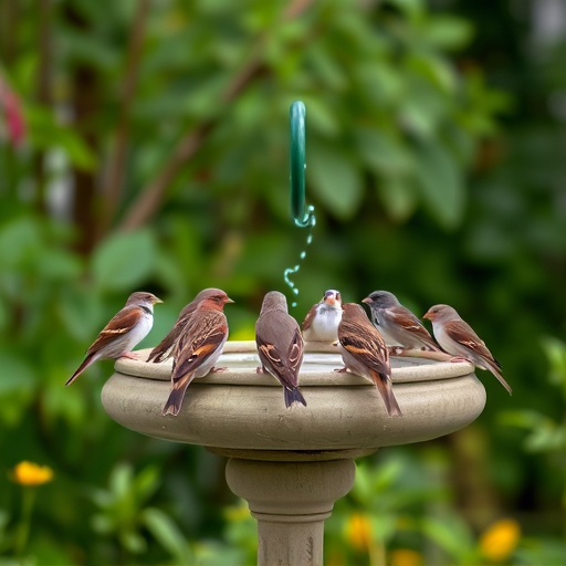 House sparrows gathered near bird bath