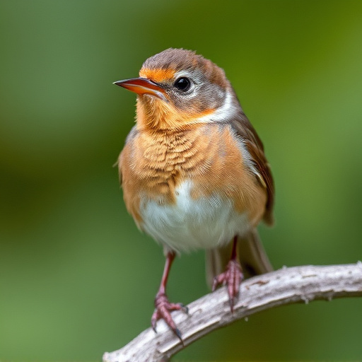 Juvenile robin with speckled chest feathers