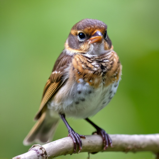 Juvenile robin with speckled chest feathers