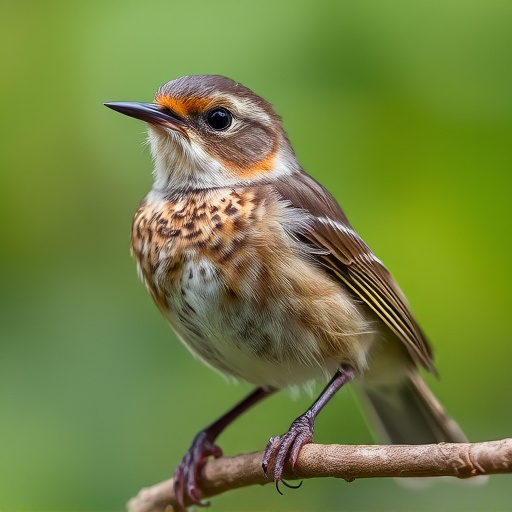 Juvenile robin with speckled chest feathers