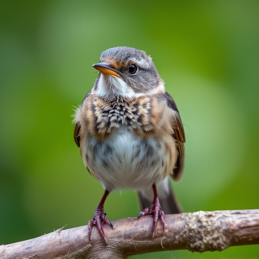 Juvenile robin with speckled chest feathers