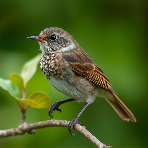 Juvenile robin with speckled chest feathers