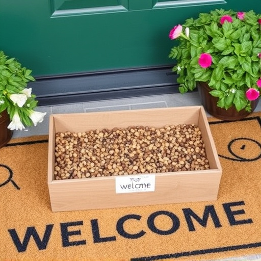 Labeled bird food box on welcome mat