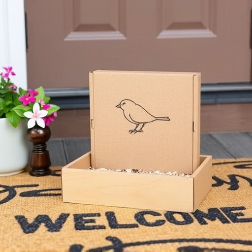Labeled bird food box on welcome mat