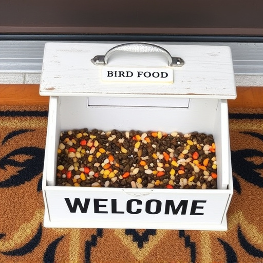Labeled bird food box on welcome mat