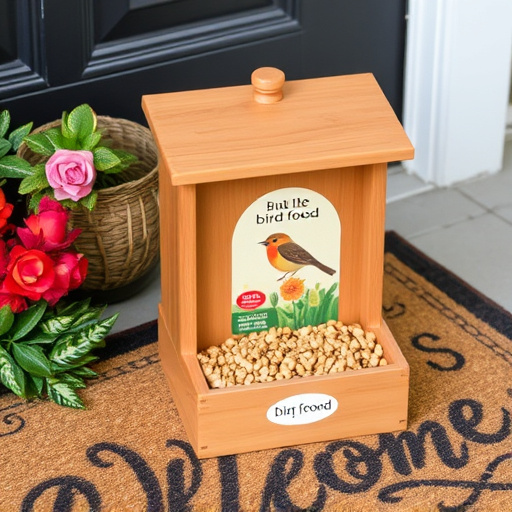 Labeled bird food box on welcome mat