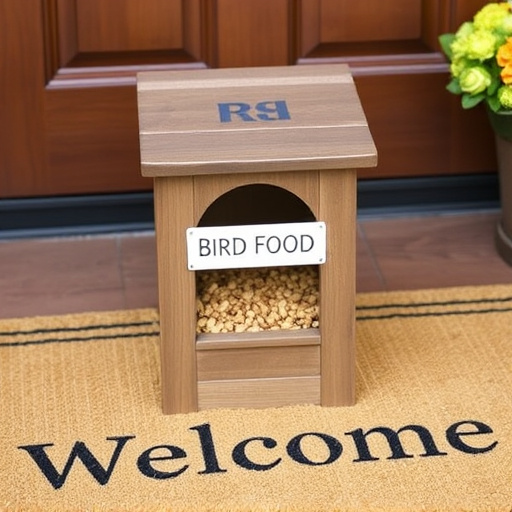 Labeled bird food box on welcome mat