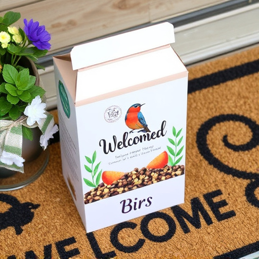 Labeled bird food box on welcome mat