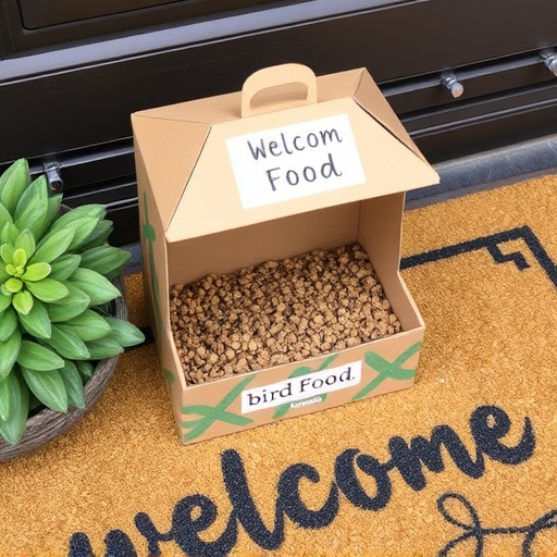 Labeled bird food box on welcome mat