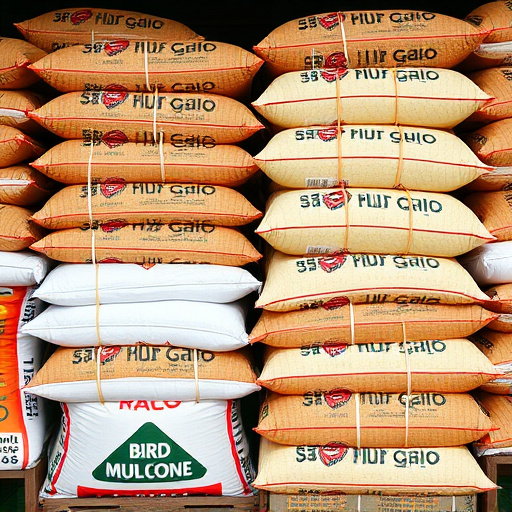 Large sacks of bird food stacked neatly
