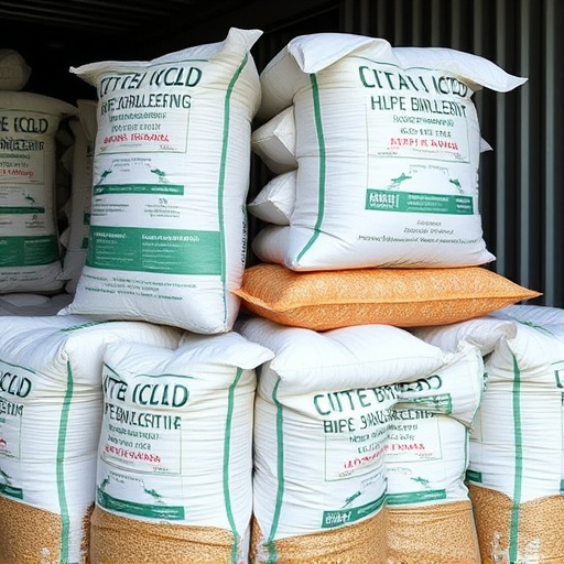 Large sacks of bird food stacked neatly