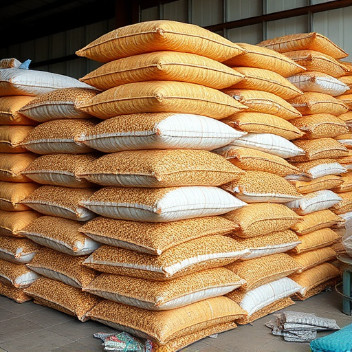Large sacks of bird food stacked neatly