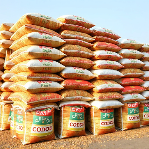 Large sacks of bird food stacked neatly