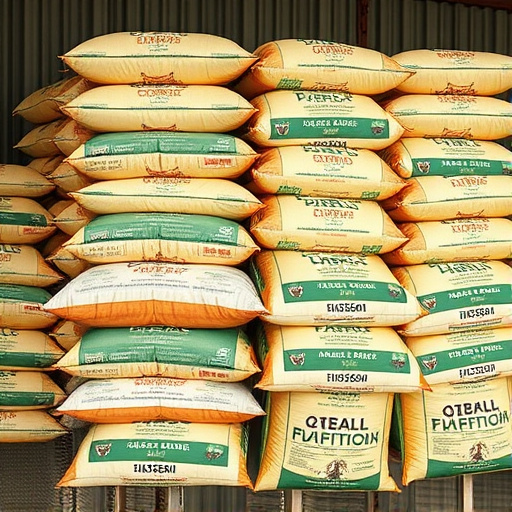 Large sacks of bird food stacked neatly