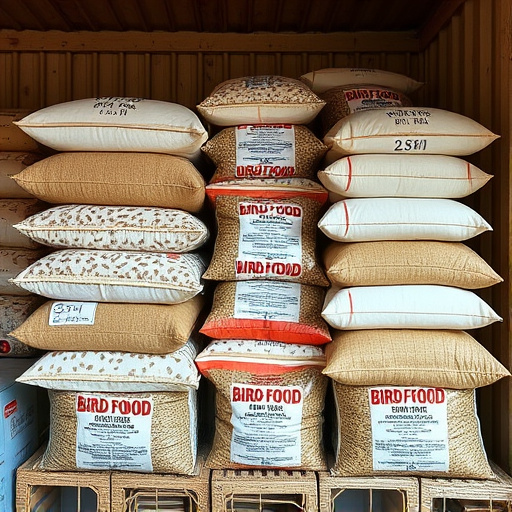Large sacks of bird food stacked neatly