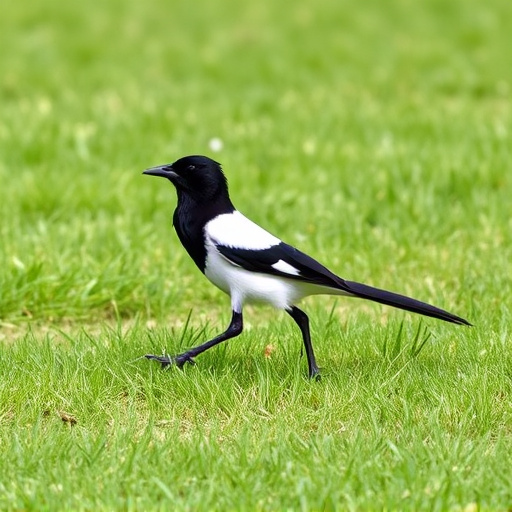 Magpie strutting across grassy lawn