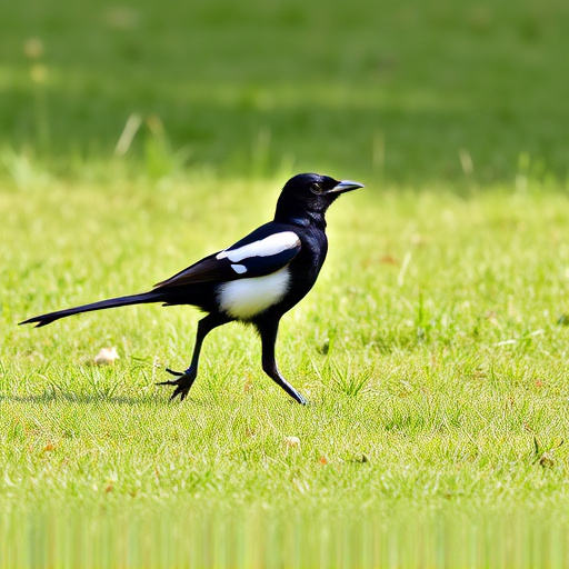 Magpie strutting across grassy lawn