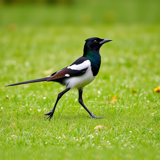 Magpie strutting across grassy lawn