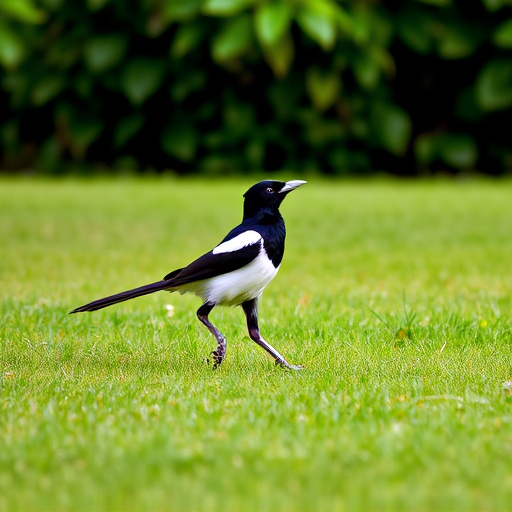 Magpie strutting across grassy lawn