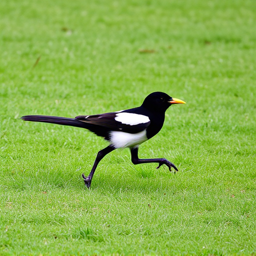 Magpie strutting across grassy lawn