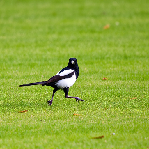 Magpie strutting across grassy lawn