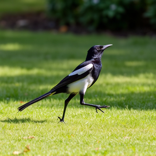 Magpie strutting across grassy lawn