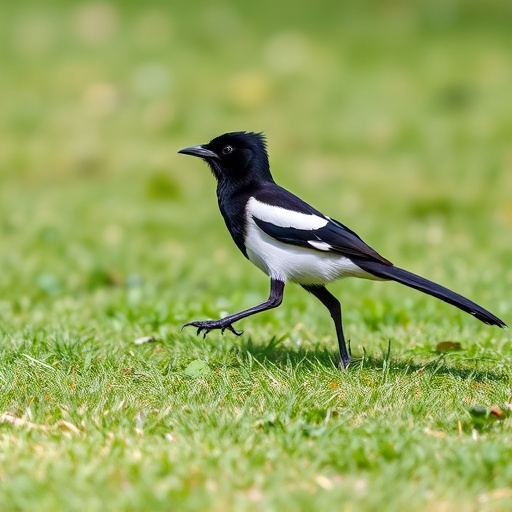 Magpie strutting across grassy lawn