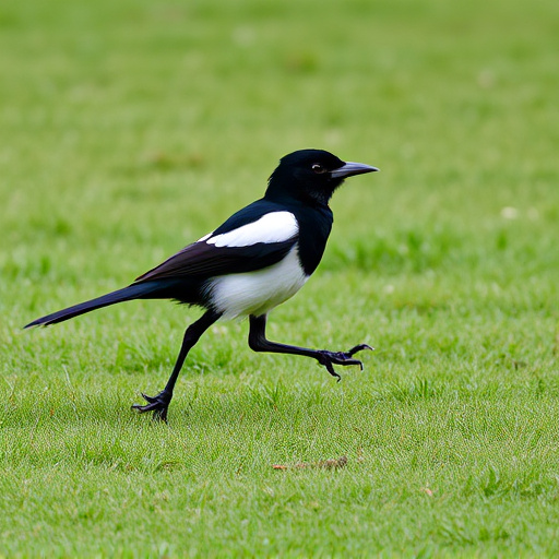 Magpie strutting across grassy lawn