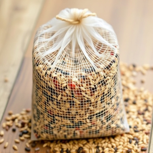 Mesh bag filled with birdseed mix