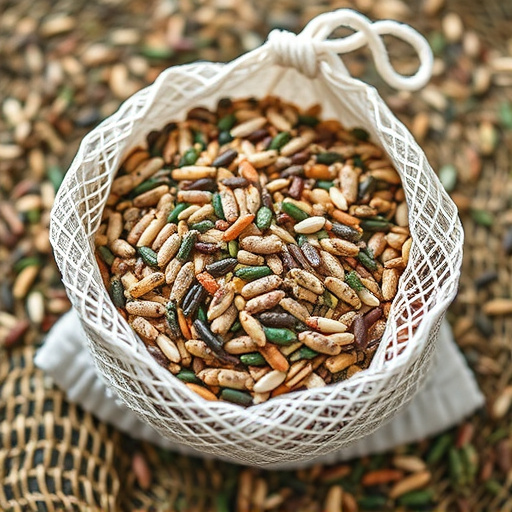 Mesh bag filled with birdseed mix