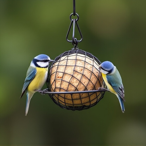 Mesh fat ball feeder with blue tits