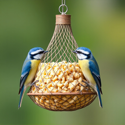 Mesh fat ball feeder with blue tits