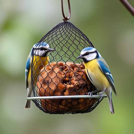 Mesh fat ball feeder with blue tits