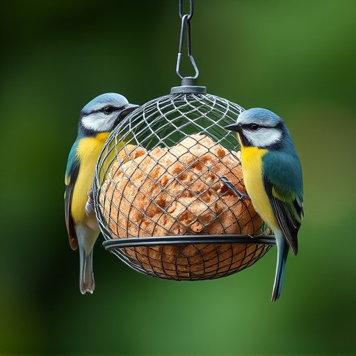 Mesh fat ball feeder with blue tits