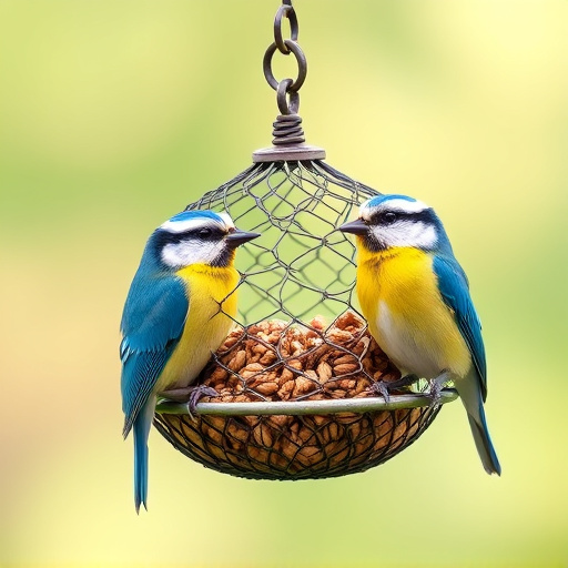 Mesh fat ball feeder with blue tits