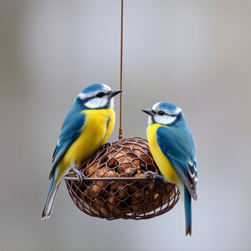 Mesh fat ball feeder with blue tits
