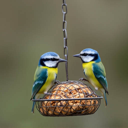 Mesh fat ball feeder with blue tits