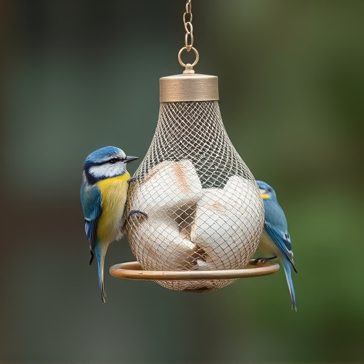 Mesh fat ball feeder with blue tits