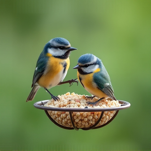 Mesh fat ball feeder with blue tits