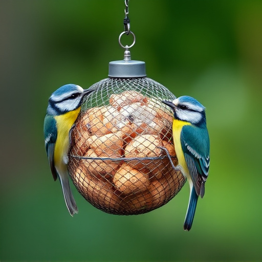Mesh fat ball feeder with blue tits
