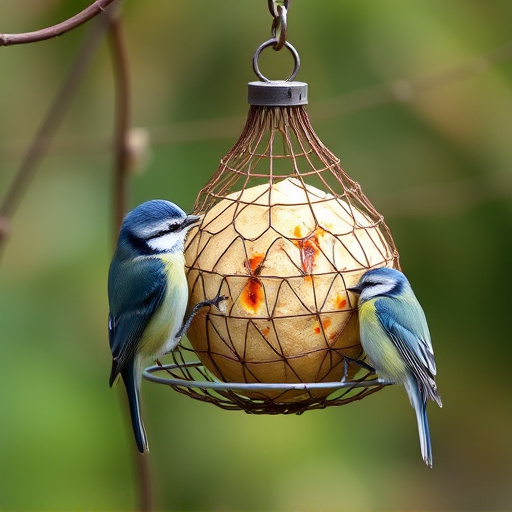 Mesh fat ball feeder with blue tits